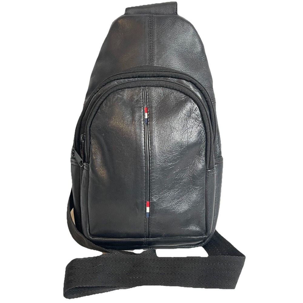 Y2K Genuine Leather Sling Bag Unisex Small Black Multiple Pockets Travel Casual